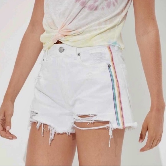 American Eagle Outfitters Pants - American Eagle Hi-Rise Festival White Distressed Jean Shorts Rainbow AE Pride